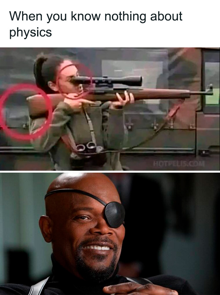 Funny science meme showing a person holding a rifle incorrectly and a smiling man with an eye patch below.