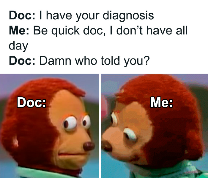 Funny science joke meme with a surprised doctor and nervous patient reacting humorously in a popular meme format.
