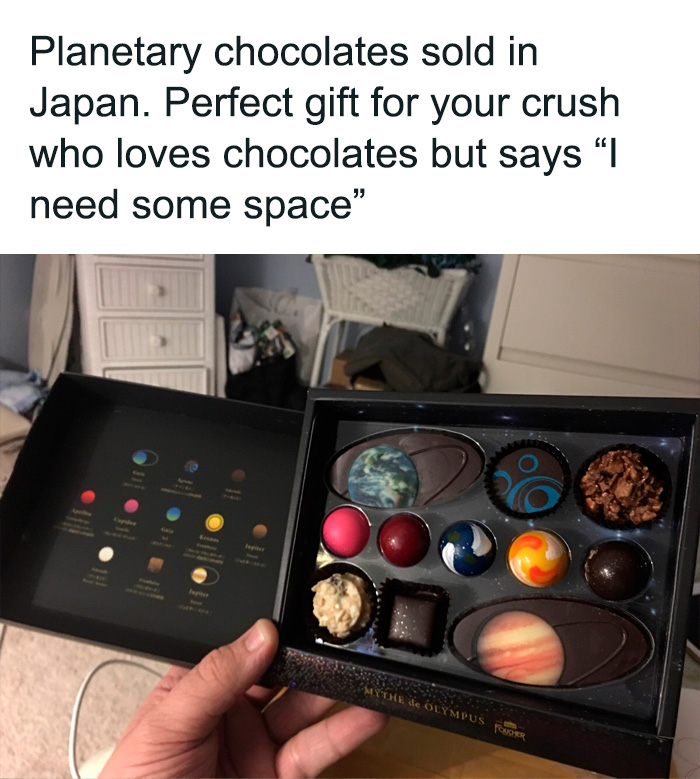 Box of planetary chocolates with designs resembling planets, a funny science joke about needing space and science memes.