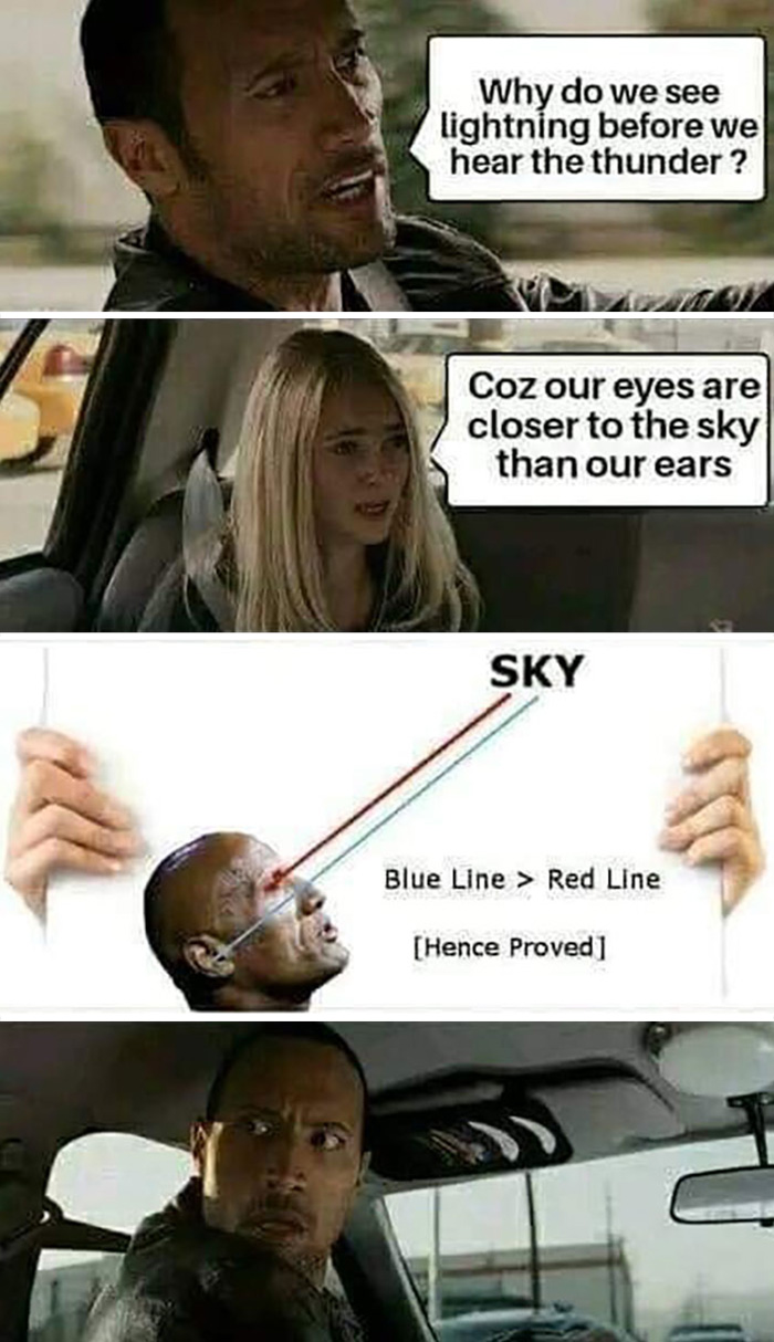 Man and woman in car exchanging funny science jokes about lightning and thunder with a humorous science meme explanation.