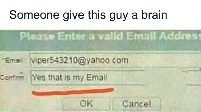 Screen capture of a funny science joke showing a user typing an invalid email confirmation, highlighting humor in science jokes and memes.