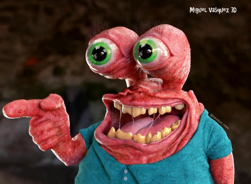 Unsettling digital version of popular cartoon character with exaggerated features.