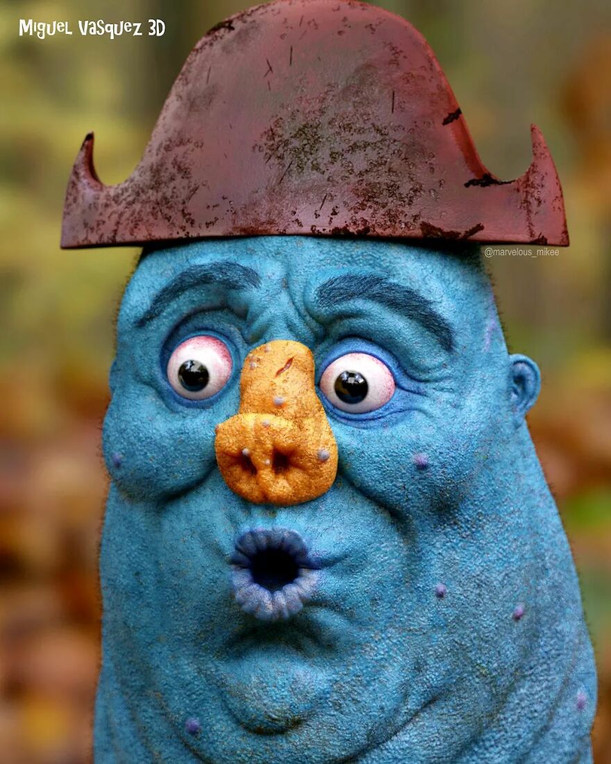 Unsettling digital depiction of a popular cartoon character with blue skin and bug eyes, created by artist.