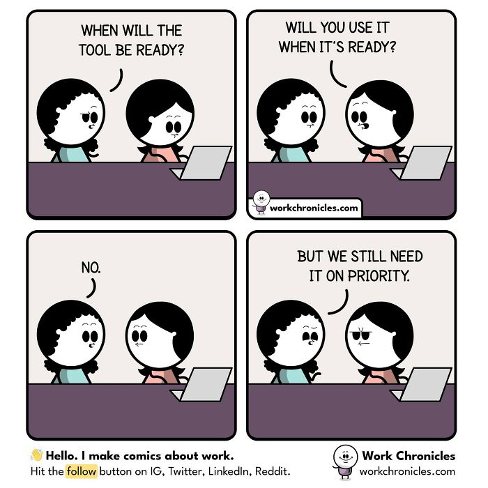 Two office coworkers discuss tool readiness and priority in a humorous workplace illustration by Work Chronicles.