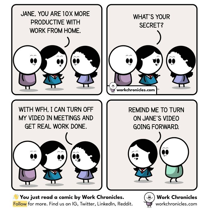 Cartoon illustrating common workplace situations with office workers discussing productivity and work from home challenges.