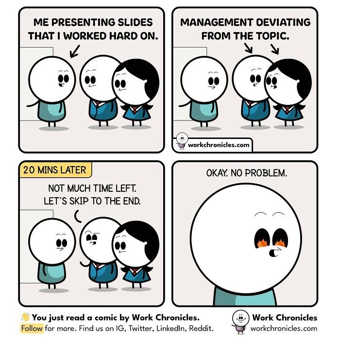 Comic by Work Chronicles showing an office presentation disrupted by management deviating from the topic and rushing to the end.