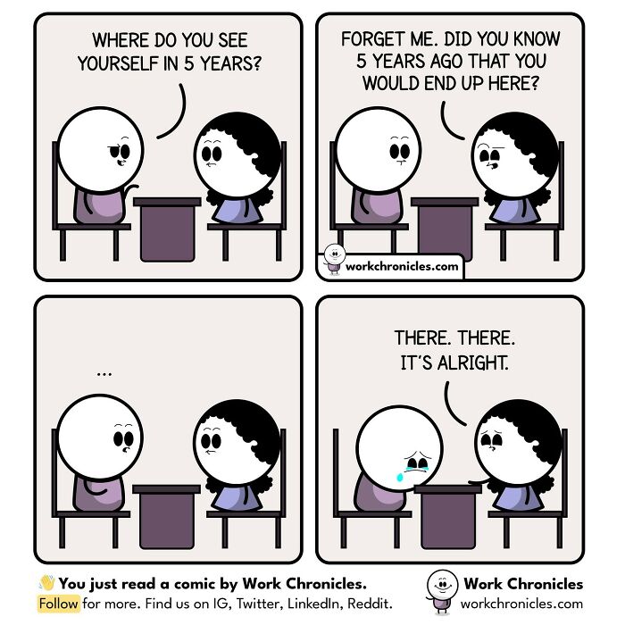 Comic from Work Chronicles illustrating relatable workplace situations with two characters in an office interview setting.