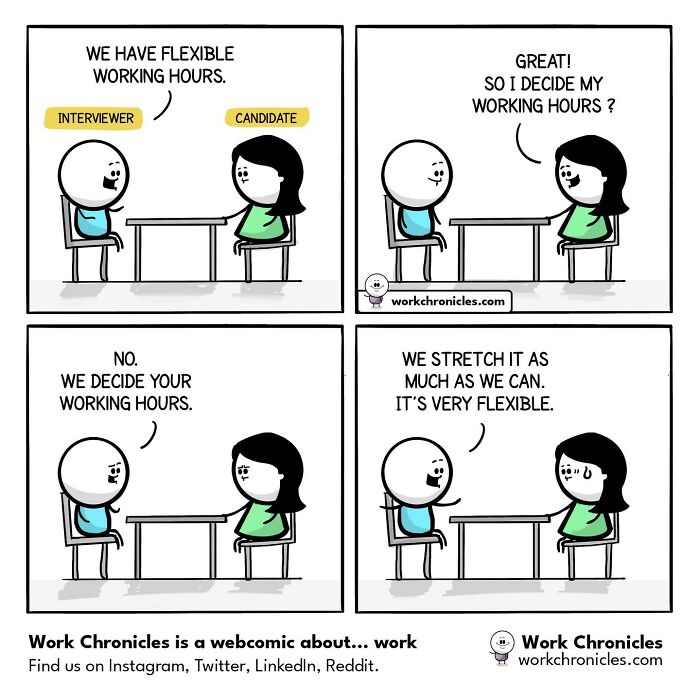 Comic strip illustrating office work humor with two characters discussing flexible working hours in a relatable workplace situation.