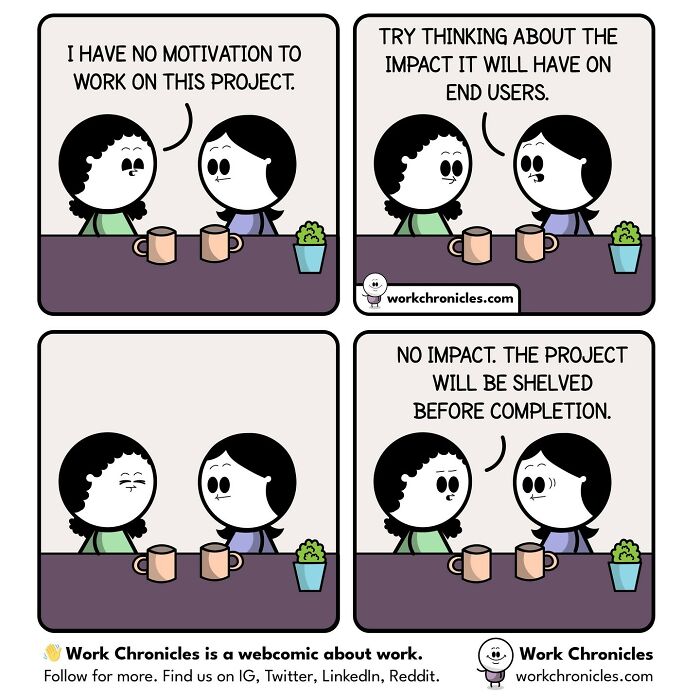 Two office coworkers discuss lack of motivation and shelved projects in a relatable workplace comic.