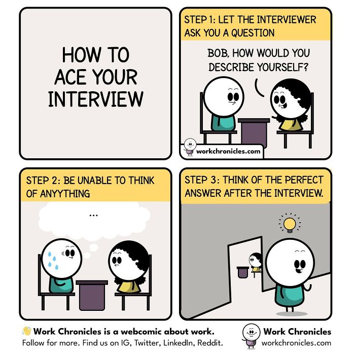 Cartoon illustrating common workplace interview struggles with humorous comics relatable to office workers.