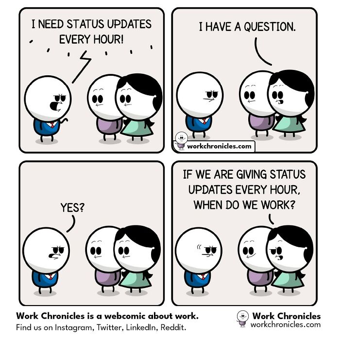 Office work comic showing employees discussing frequent status updates and workplace productivity challenges.