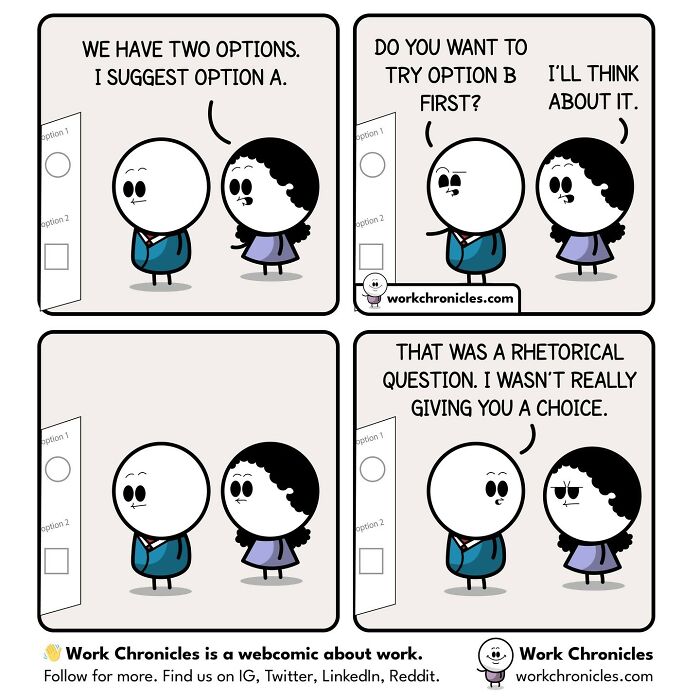 Office colleagues debating two options in a comic strip illustrating relatable workplace situations.