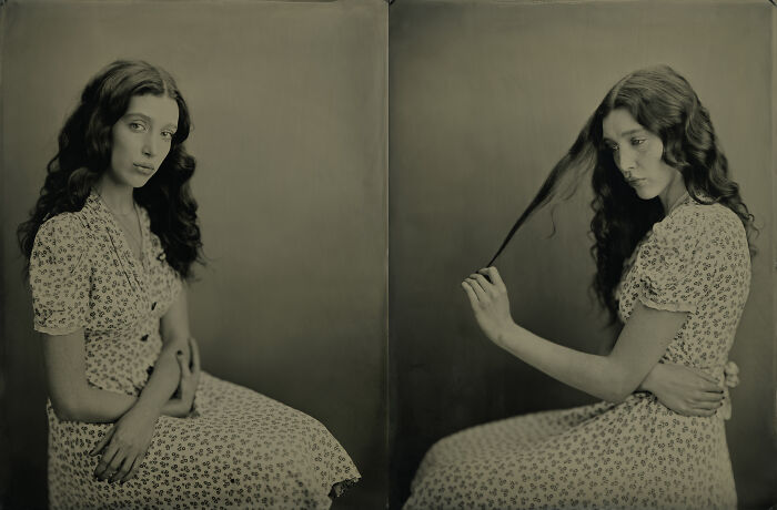 Young woman with long curly hair in a vintage floral dress, featured in powerful portraits by photographers worldwide.