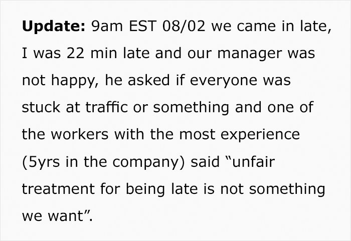 Longtime Worker Gets Fired For Being Late For The First Time Ever, So His Colleagues Let The Boss Know They're Not Disposable - 4