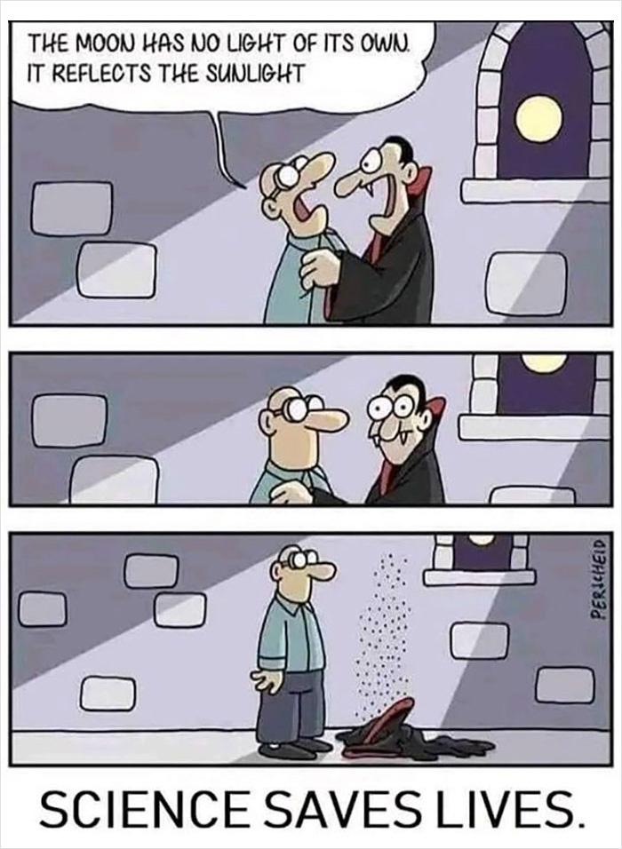 Cartoon of a vampire explaining the moon reflects sunlight, ending with the vampire melting, showcasing funny science jokes and memes.
