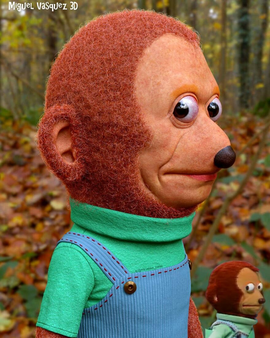 Unsettling digital version of a popular cartoon character in a forest setting, showcasing eerie, lifelike features.