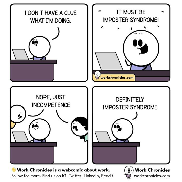 Office worker comic illustrating imposter syndrome and incompetence, relatable workplace situations by Work Chronicles.