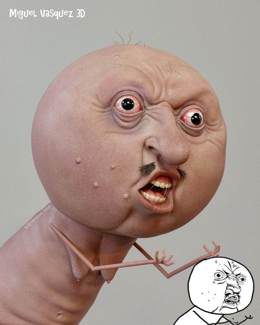 Unsettling digital art of popular meme character with exaggerated features by Miguel Vasquez.