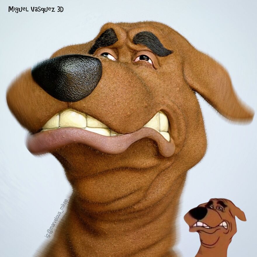 Unsettling digital version of popular cartoon character with exaggerated features by artist.