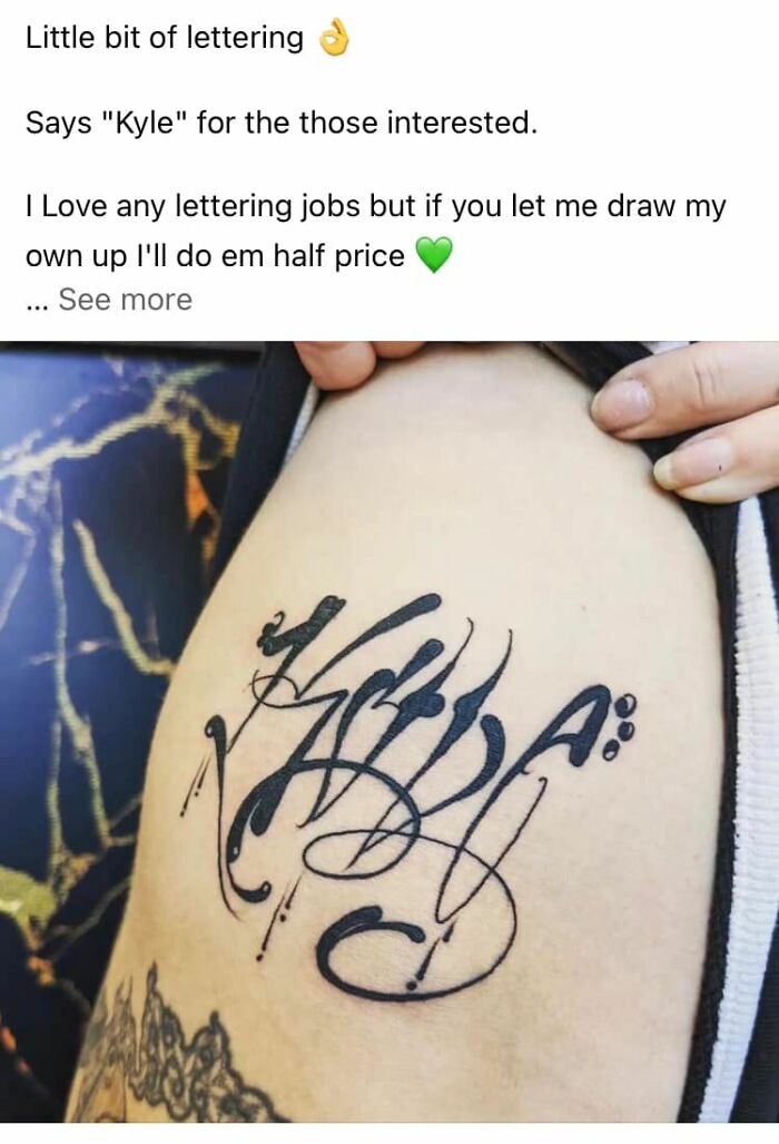 Horrible tattoo of the name "Kyle" with intricate script on a person's arm.