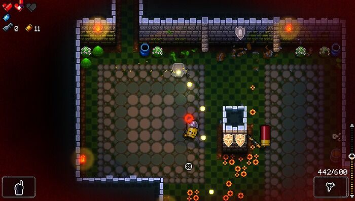 Top indie games gameplay scene showing pixel art dungeon, character shooting, health and ammo bars, and collectible items.