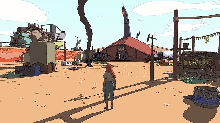 A lone character exploring a colorful desert village in a hand-drawn indie game environment with unique structures.