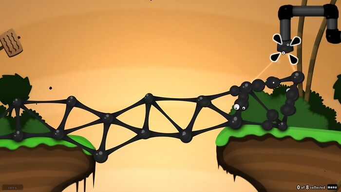 Indie game scene showing a physics-based bridge with black nodes connecting two grassy cliffs at sunset.