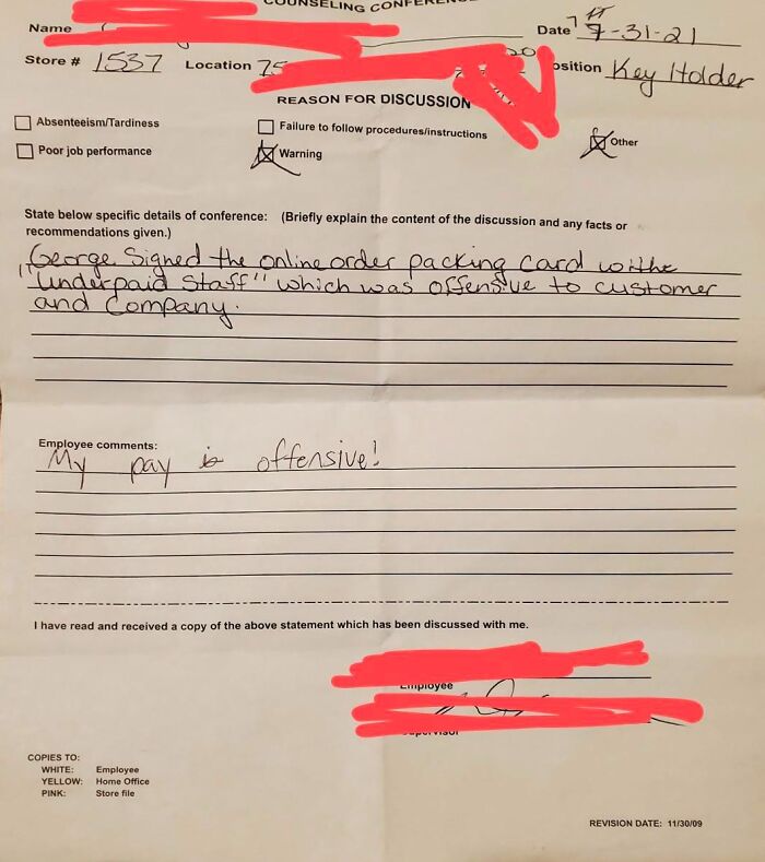 Boss Couldn't Find Time To Discuss A Raise. So I Started Informing Customers Of My Low Pay. Got Wrote Up So I Stole All The Write UPS & Trashed Them, Kept Mine Because I Was Proud Of This