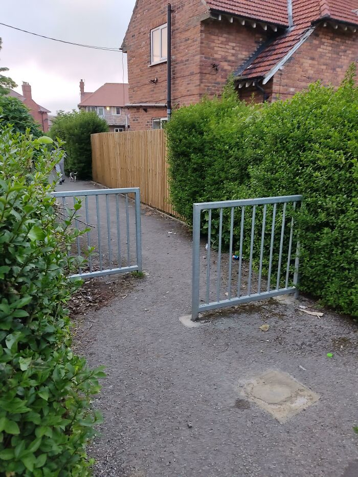 This Is One Of The More Common Architectural Tricks. This Kind Of "Gate" Stops Cars And Forces Cyclists To Stop Or Slow Down To Help Keep Pedestrians Save