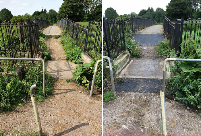 River Skerne Footbridge Before And After, Darlington, UK