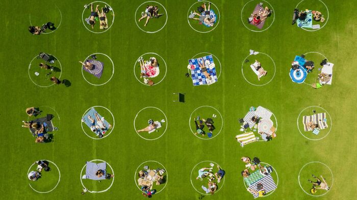 Social Distancing Circles, Domino Park, Brooklyn, USA