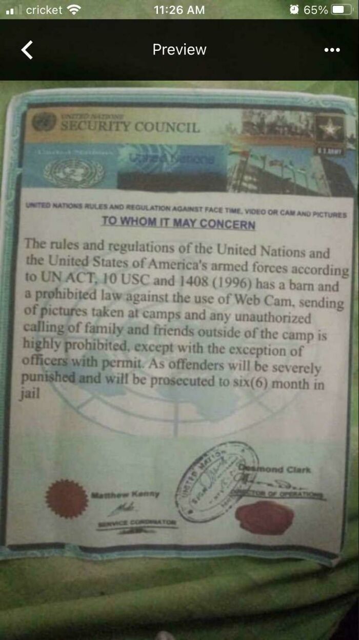 This Is Fake, Right? Friend Was Shown This As "Proof" Of Why Their Long Distance Military Boyfriend Can't Do Any Video Calls. I See Several Errors And These Officials And Legal Statues Don't Seem To Exist