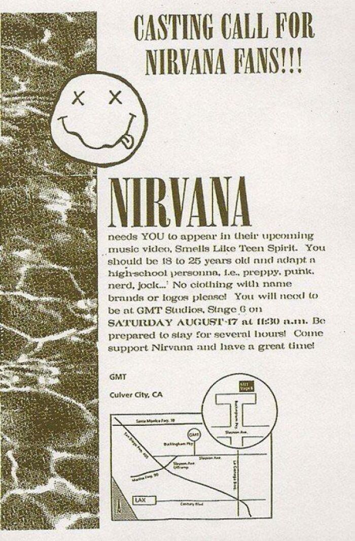 Nirvana’s Casting Call Sheet For The “Smells Like Teen Spirit” Music Video, 1991
