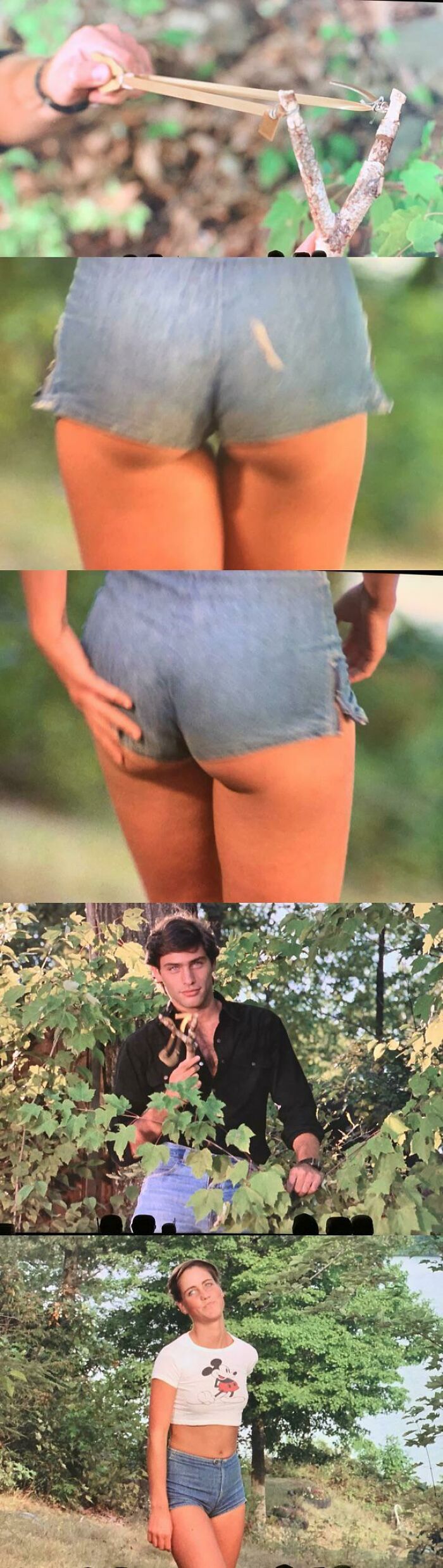 This Glaring Error In Friday The 13th: Part 2 (1981) Almost Ruins What Is Otherwise An Absolutely Flawless Work Of Cinema. A Slingshot Wielding Reprobate Is Clearly Seen Firing At The Right Butt Cheek Of An Unsuspecting Female Camp Counsellor. However She Reacts By Grabbing At Her Left Cheek