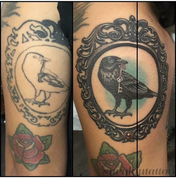 Split tattoo design of a bird and crow in ornate frames on an arm with rose tattoos, showcasing worst tattoos.