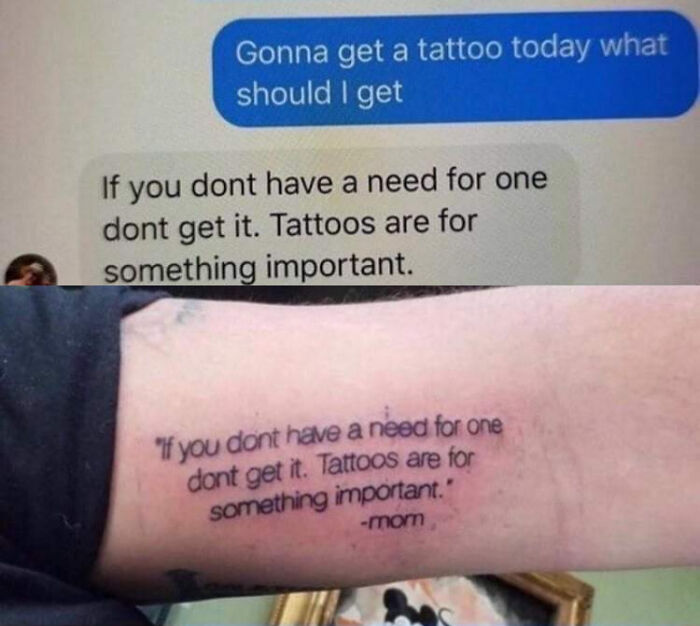 Text message conversation tattooed on forearm; humorous take on tattoos and their importance.
