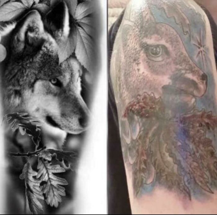Two wolf tattoos compared; one is detailed, and the other is poorly executed.