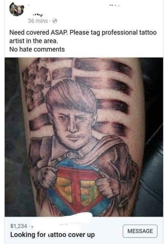 Tattoo depiction with a superhero symbol, posted online asking for professional cover-up help; one of the worst tattoos shared.