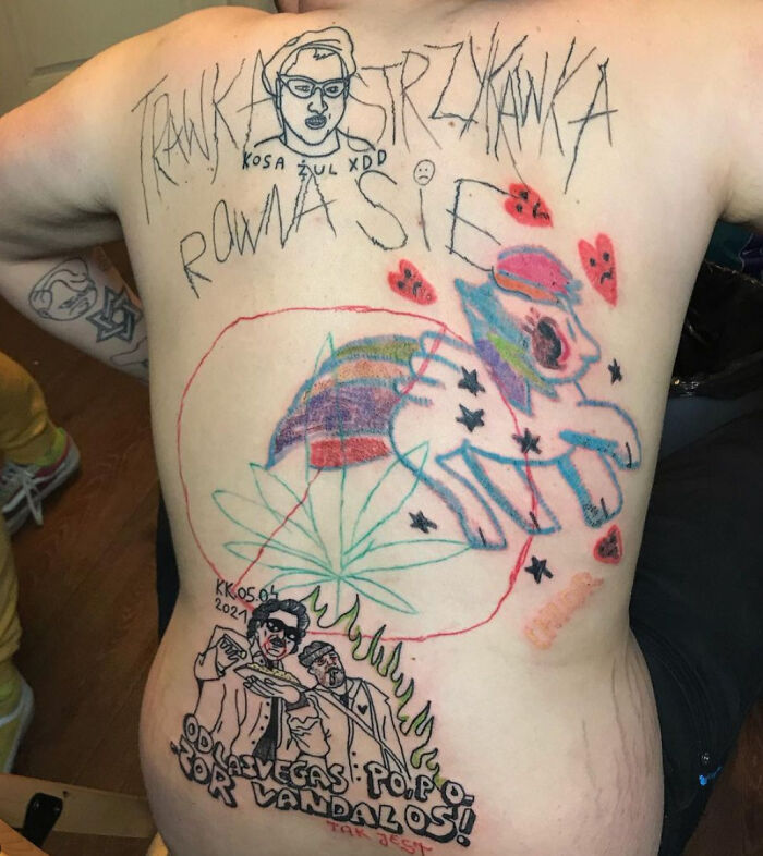 Worst tattoos with chaotic designs, text, and colorful drawings on a person's back.