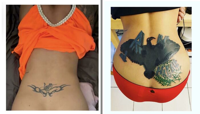 Two of the worst tattoos displayed: a tribal design and a dark, abstract cover-up on the lower back.