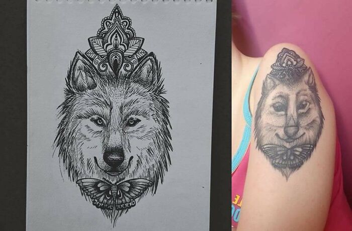Wolf tattoo design versus completed tattoo on arm, showcasing worst tattoos with mismatched details.