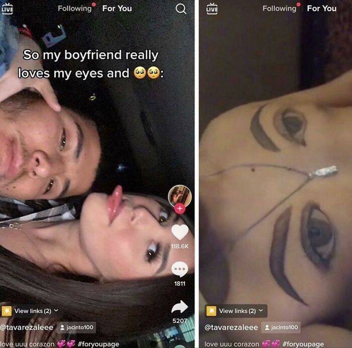 Two people in a selfie on the left; tattoo of exaggerated eyes and eyebrows on the right. Worst tattoos example.