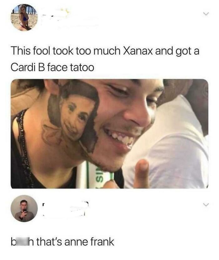 Man with incorrect celebrity tattoo on cheek, sparking online debate about tattoo mistakes.