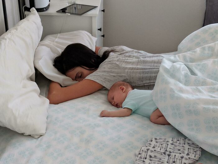 Nap Time. My 1-Month-Old Daughter Kept My Wife Up All Night. They Finally Napped Together Today And Fell Asleep In The Same Position