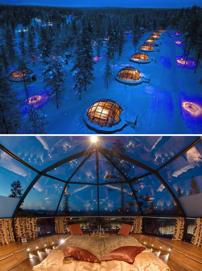 Pictures of Igloo Village houses and inside in Kakslauttanen, Finland