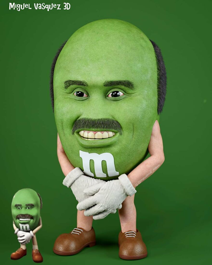 Unsettling digital version of a popular green M&M character by artist creating eerie transformations.