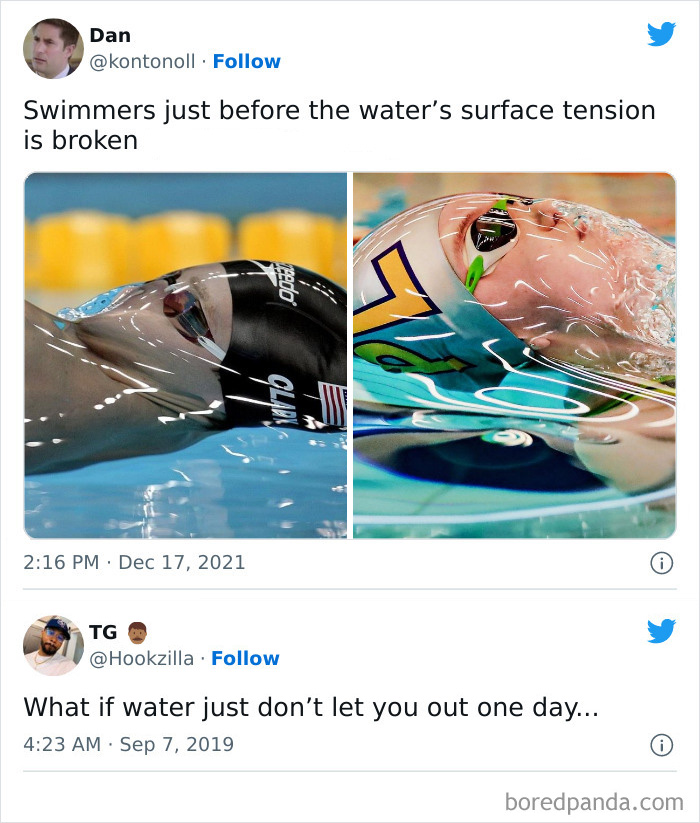 Two swimmers underwater with water tension visible, illustrating a funny science joke about surface tension and water behavior.