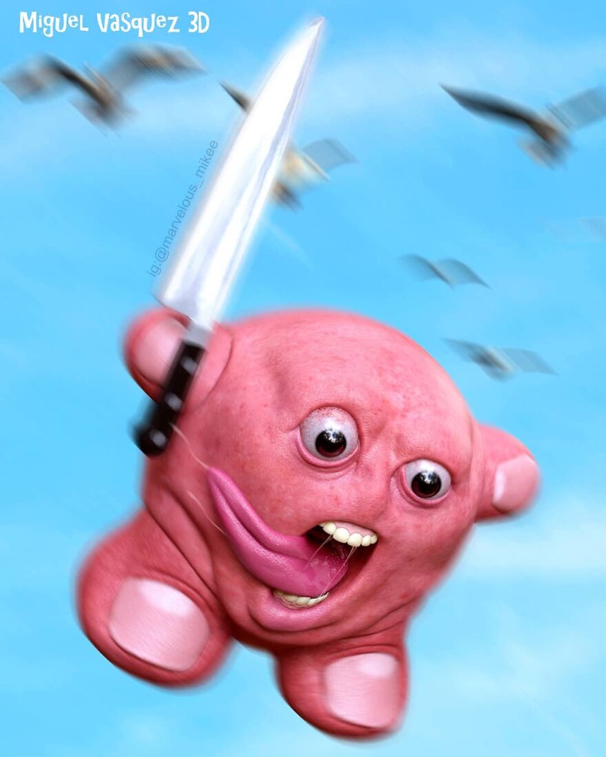 Unsettling digital version of a cartoon character holding a knife, reimagined with exaggerated features against a blue sky.
