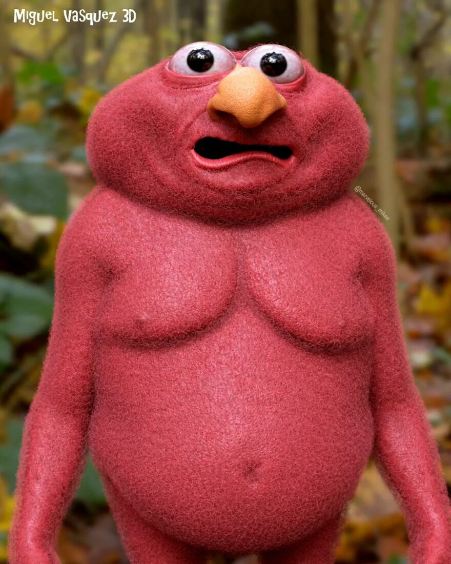 Unsettling digital version of a popular cartoon character with exaggerated features in a forest backdrop.