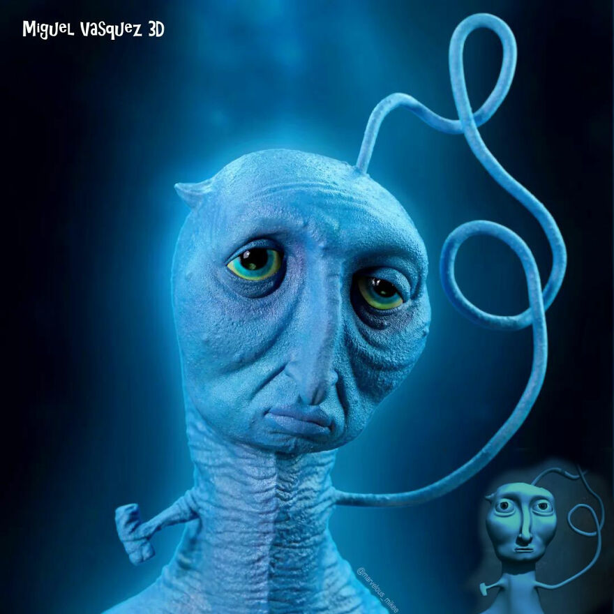 Unsettling digital version of a popular cartoon character with exaggerated features and a blue hue.